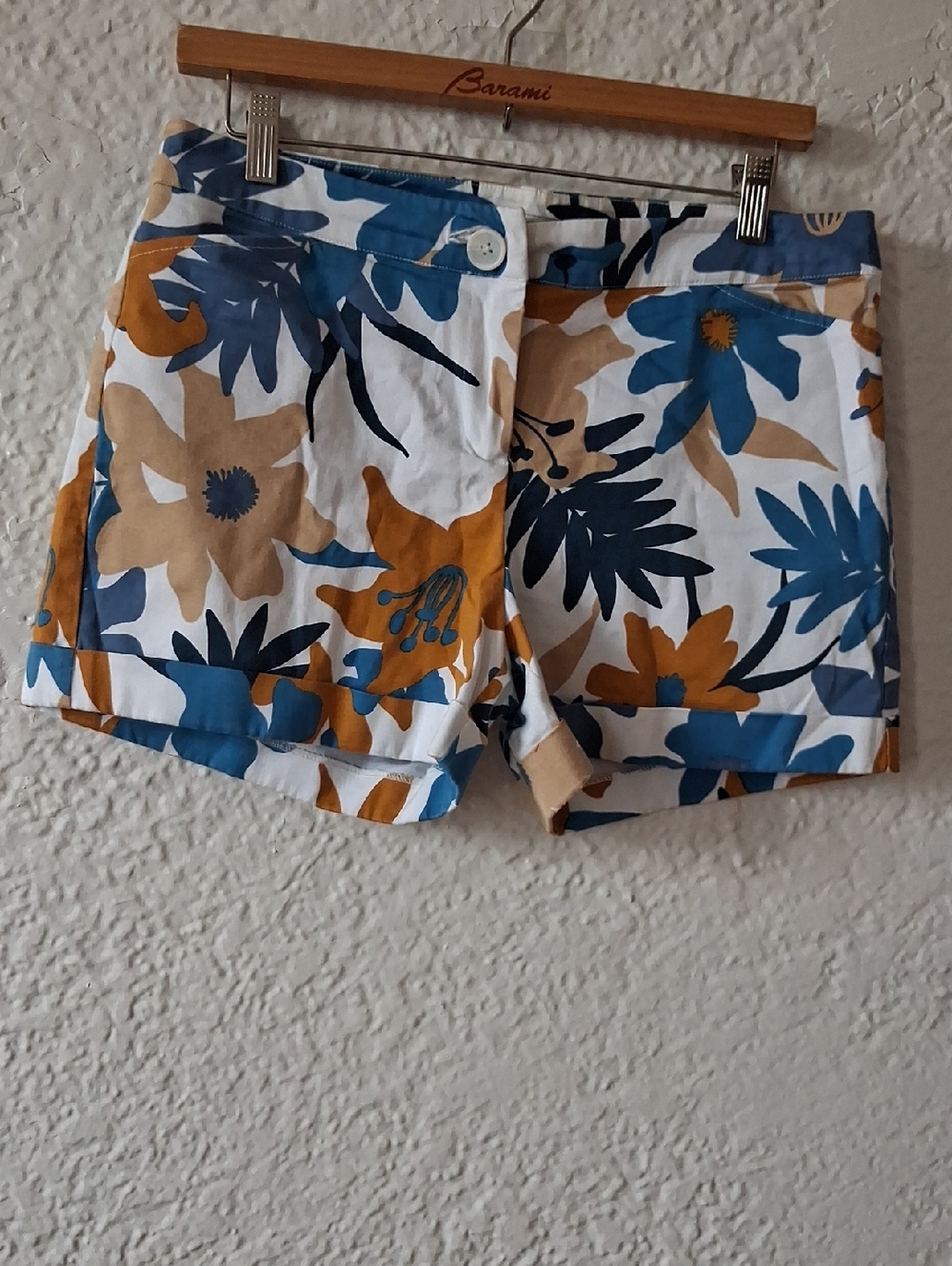 Floral Cotton Blend Women’s Shorts - Blue & Tan
